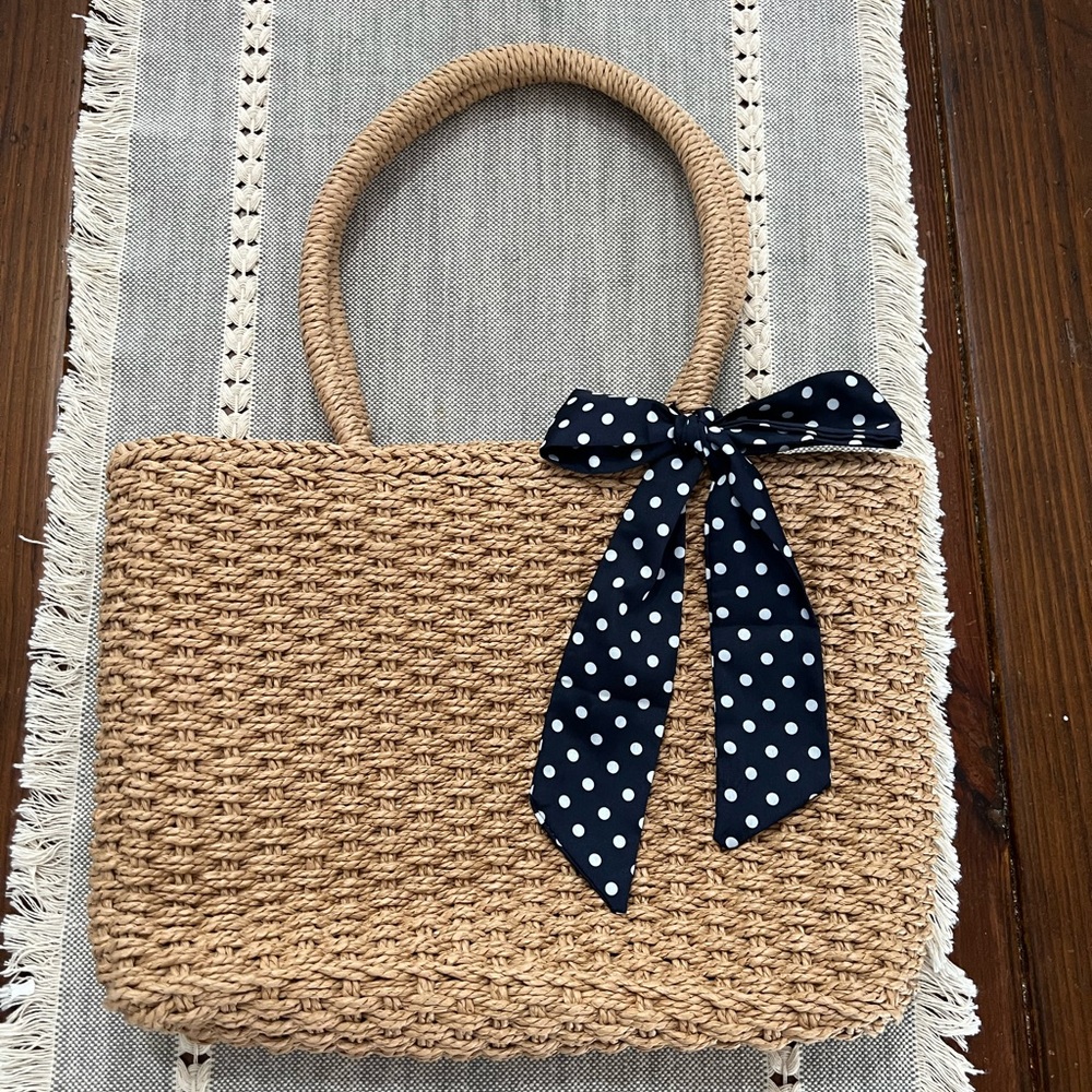 NEW Purse Tote Bag Women’s Girls Woven Fashion Totes/Polka Dot Bow - Picture 7 of 7